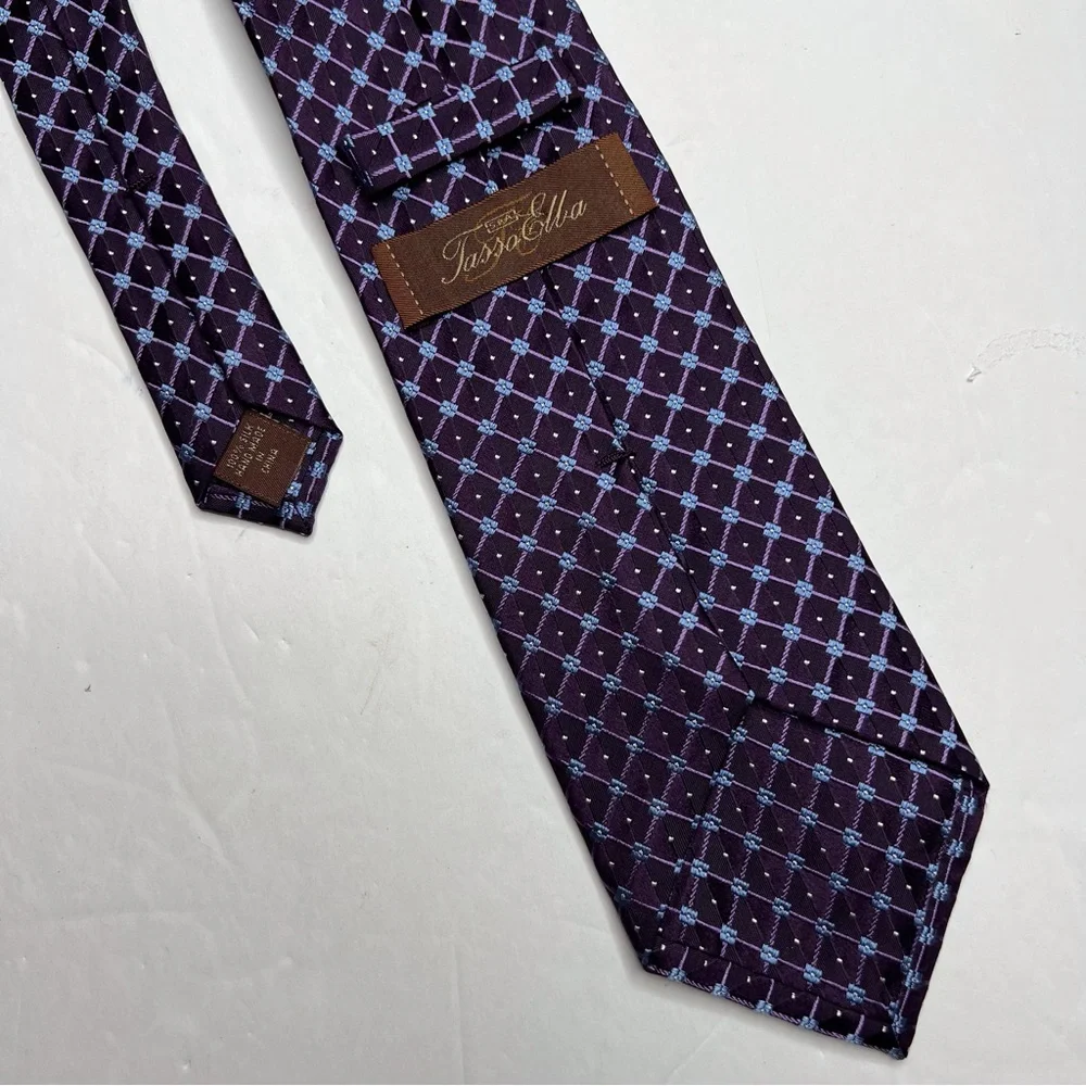 Tasso Elba 100% Silk Classic Checked Motif Necktie Tie Preppy Academia Dapper